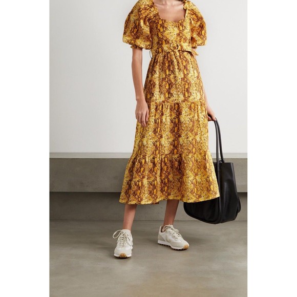 Faithfull The Brand NEW Rumi Belted Tiered Linen Midi Dress Size